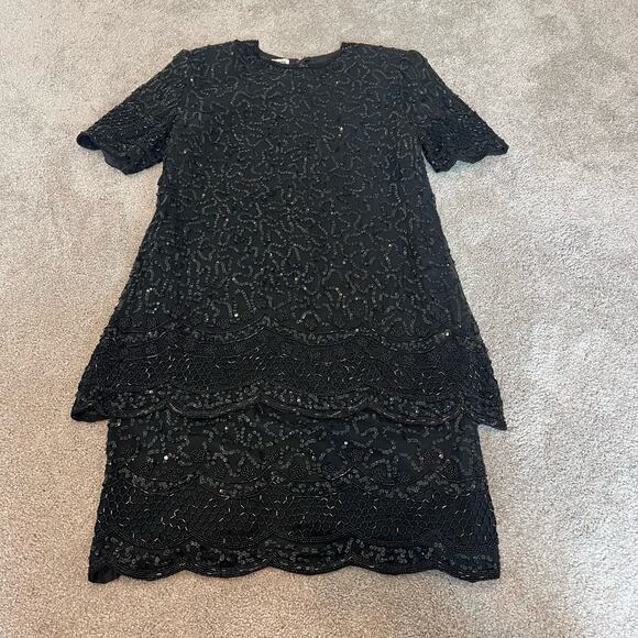 Vintage Brilliante‎ by J.A. Silk Beaded Formal Dress Black Sequins Size Small - Picture 8 of 11